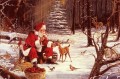 Le père Noël offre des cadeaux de Noël aux animaux dans la neige des arbres de la forêt